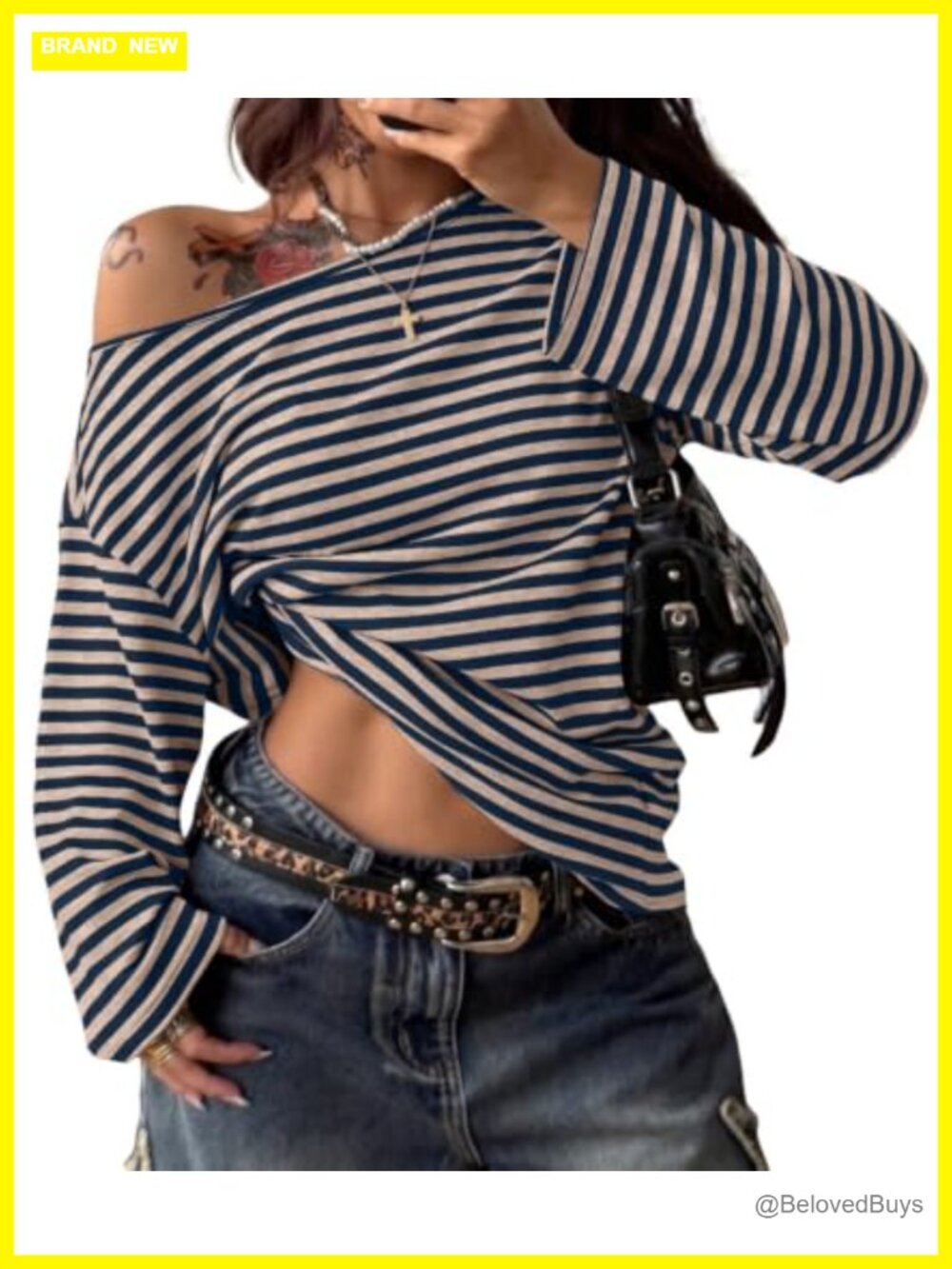 Women Oversized Striped One Shoulder Long Sleeve Tee Cotton Blend Top